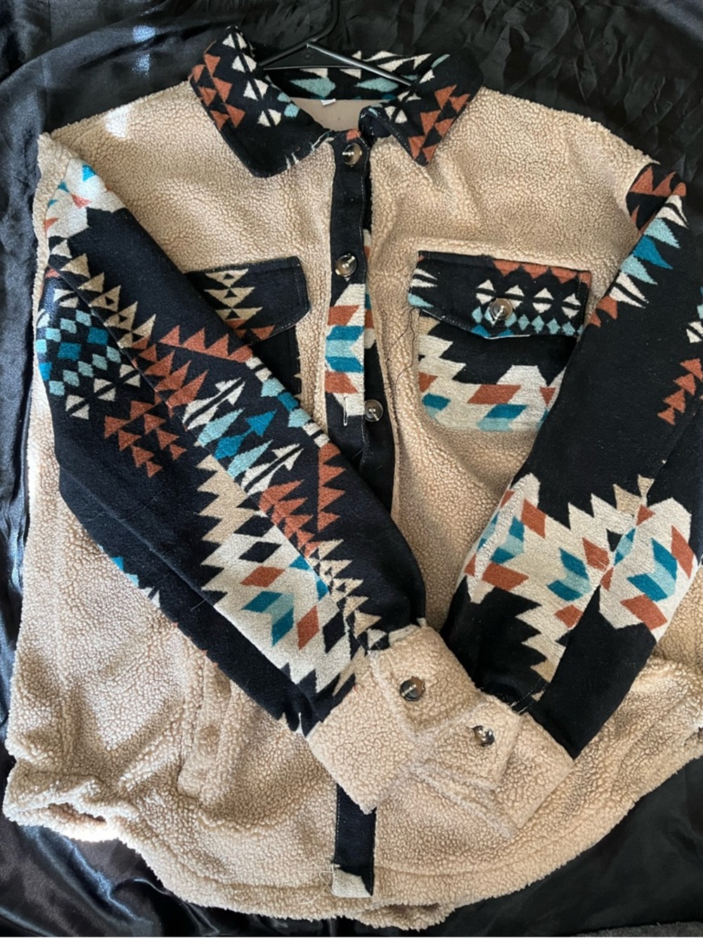 Aztec-Trim Teddy Coat Jacket in Beige and Black